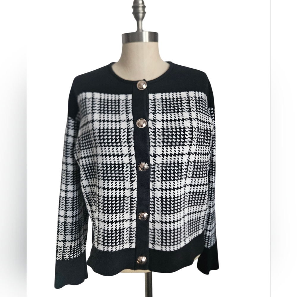 ANN TAYLOR Black & White Plaid Gold Button Sweater Jacket | SZ L